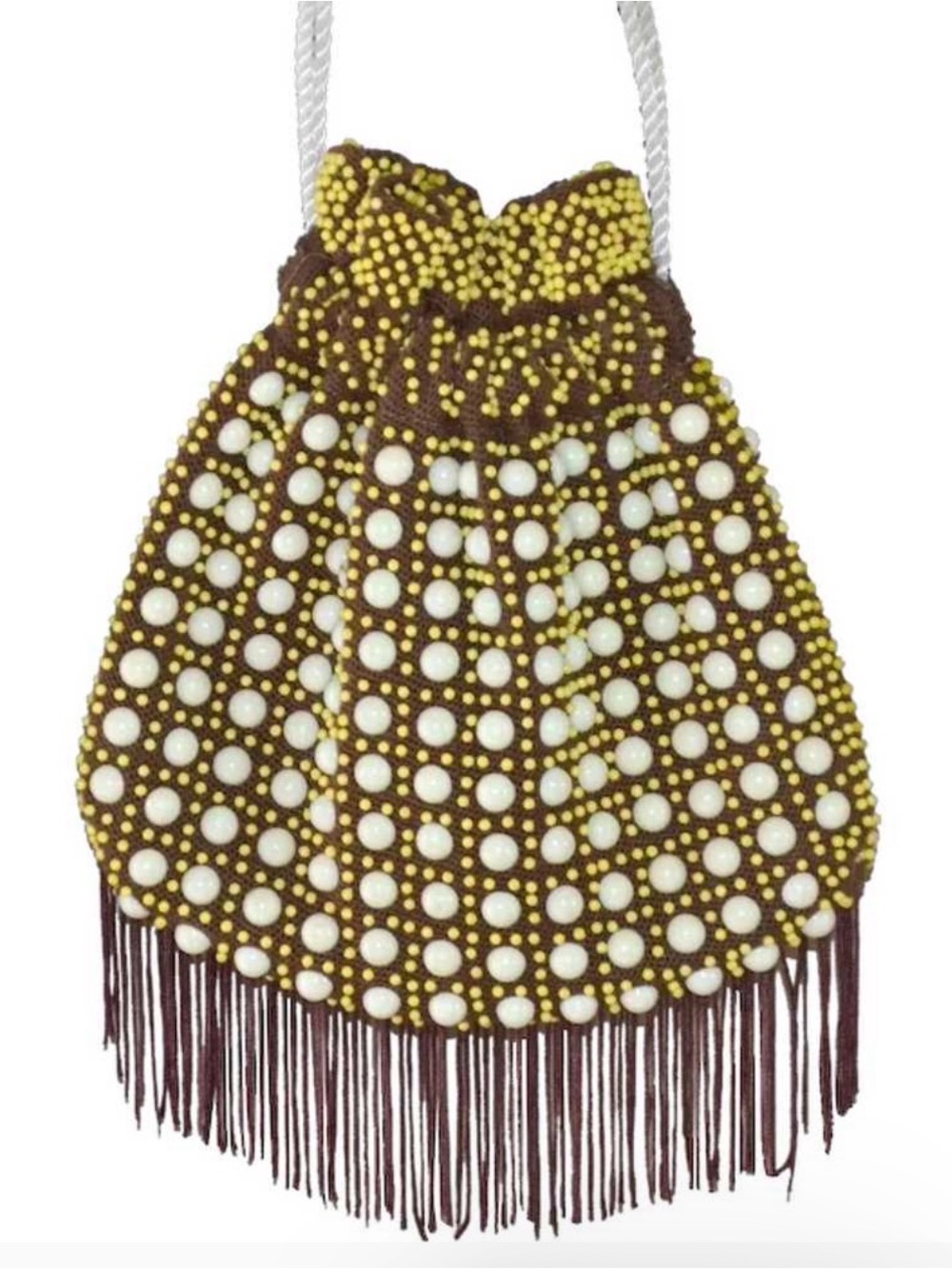 1970s Quirky Brown & Yellow Egg Bead Fringe Drawstring Purse